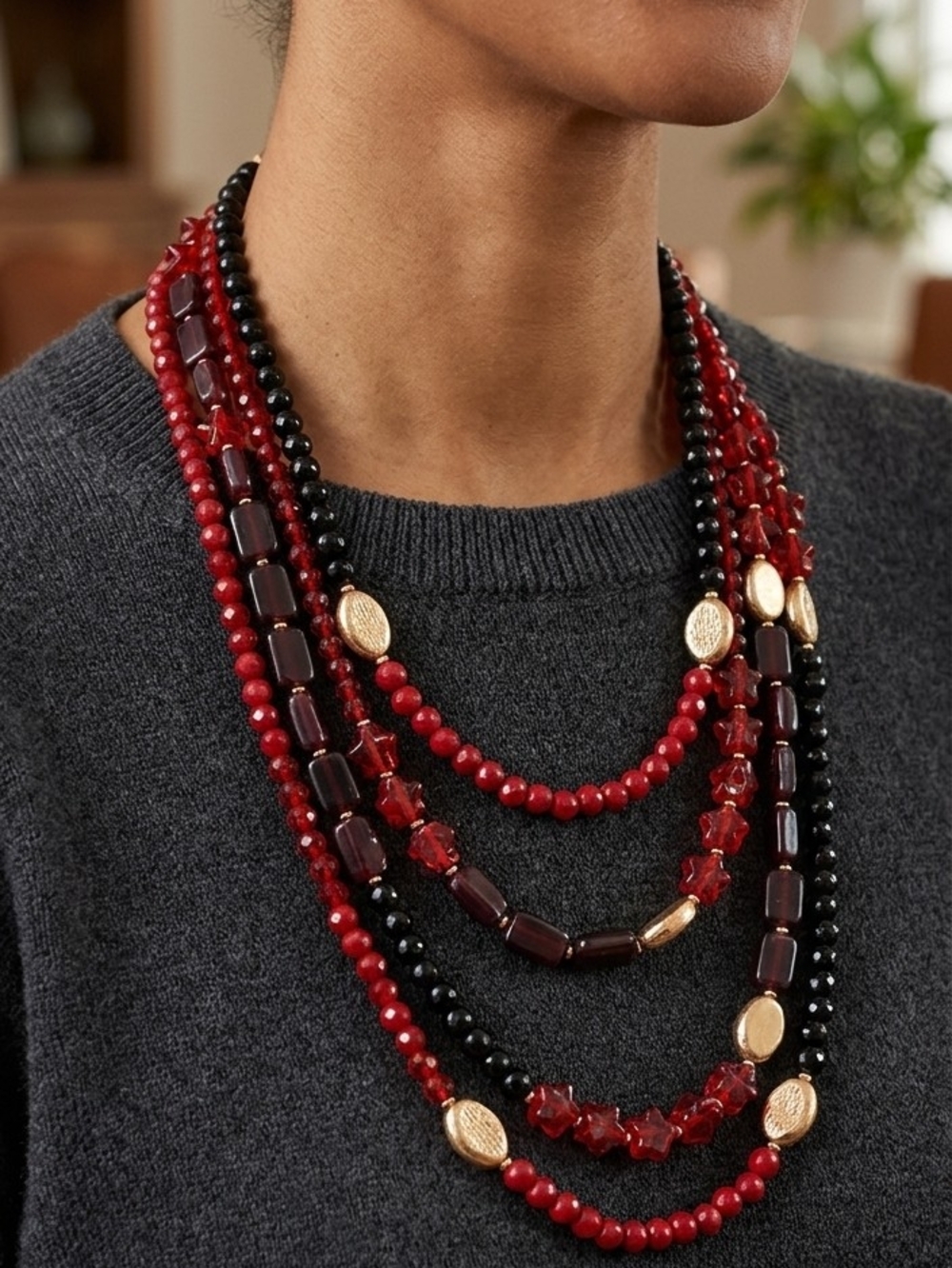 Double -Strand Red & Black Beaded Necklace Drama Sophisticated Classic Bold NWT